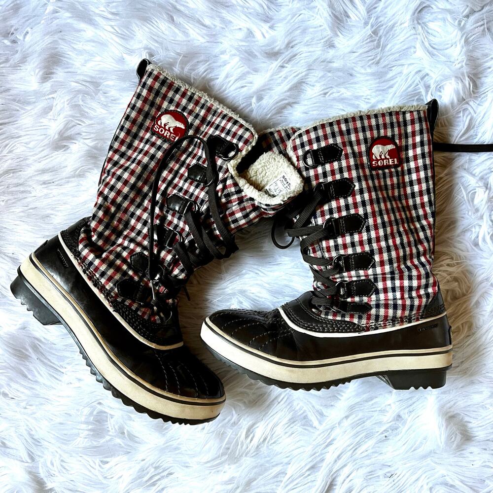 Sorel Tivoli Tall Red Plaid Snow Boots 7 Waterproof Winter Boots